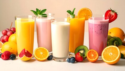 Assorted colorful fruit smoothies in tall glasses, surrounded by fresh fruit.
