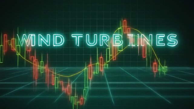 Futuristic digital representation of wind turbines with stock market trends, showcasing growth - Powered by Adobe