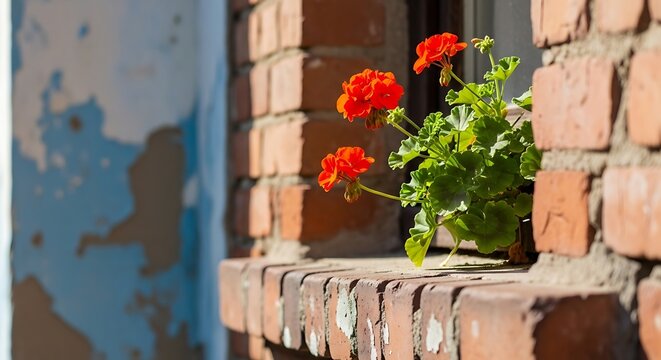 Red geraniums in a brick window.