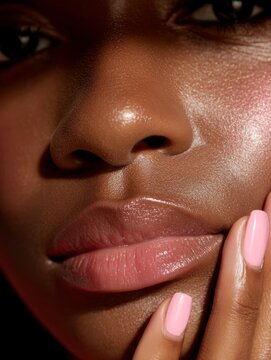 extreme close-up of a black woman&acirc;&euro;&trade;s face with glossy lips, flushed cheeks, natural dewy skin, and pastel pink manicure gently pressing her cheek, soft lighting, editorial skincare style