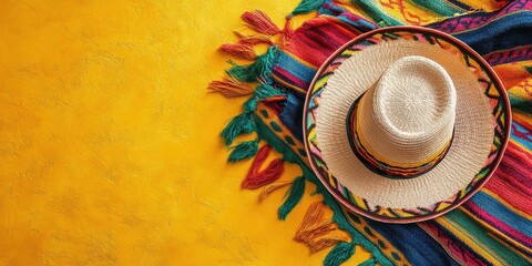 Colorful blanket and sombrero displayed on a vibrant yellow background showcasing traditional cultural elements