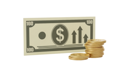 Isolated paper banknote with up arrows next to stack of coins symbolizing money growth
