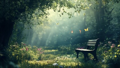 A wooden bench sits in a garden with various flowers and butterflies flying around it in soft sunlight.
