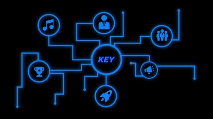 Blue neon network diagram connecting icons for business success music marketing teamwork rocket launch and achievement trophy on black background abstract concept visualization - Powered by Adobe