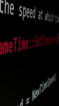 Closeup macro shot movement of coding script moving across LED screen with real-time AI-generated typing, showcasing advanced AI learning in optimization, debug and coding for software development.