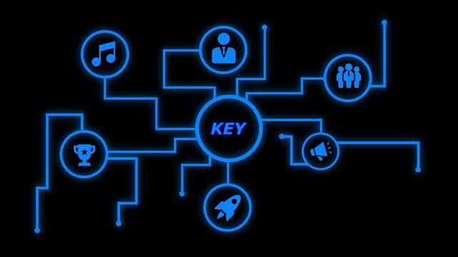 Blue neon network diagram connecting icons for business success music marketing teamwork rocket launch and achievement trophy on black background abstract concept visualization - Powered by Adobe