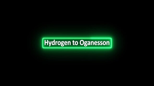 Hydrogen to Oganesson of the Periodic Table on glowing neon frame in text animation on black background.
