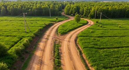 Naklejka premium Rural dirt road splitting into two paths through green fields.