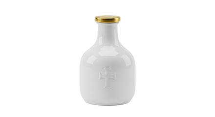 Isolated holy water bottle with a cross and a gold lid for religious ceremonies.