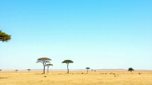 Vast African savanna landscape featuring sparse trees under a bright blue sky