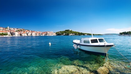 coastline of sibenik and moored boat in sea bay