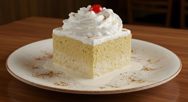 A slice of tres leches cake with whipped cream and a cherry on a plate on a wooden surface