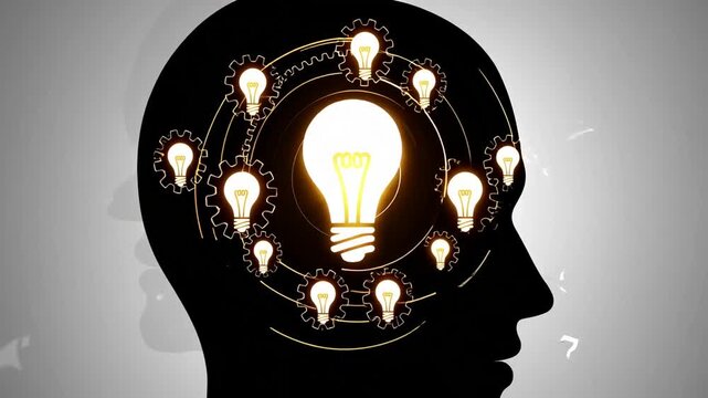 Pondering inquiries and generating concepts Silhouette of human cranium with mechanical cogs question