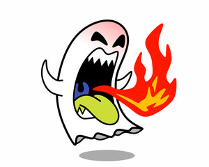 White ghost with face expressions. Spooky cartoon illustration for halloween night. Cartoon character in different emotions and activities. Simple flat character design for mascot, sticker, icon