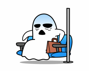 White ghost with face expressions. Spooky cartoon illustration for halloween night. Cartoon character in different emotions and activities. Simple flat character design for mascot, sticker, icon