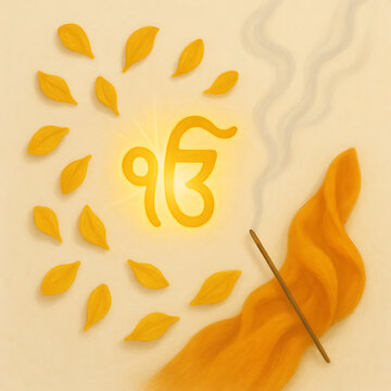 Ik onkar sikh religious spiritual symbol with incense smoke and golden leaves representing worship meditation faith and peace