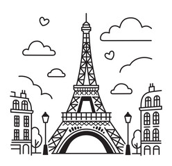 Eiffel Tower in the center of Paris. Linear illustration in doodle style