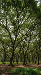 Obraz premium Dense forest with tall trees and sunlight filtering through leaves