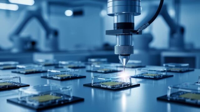 Robotic system applying laser welding to encapsulate biosensor chips achieving airtight packaging essential for longterm implantation.