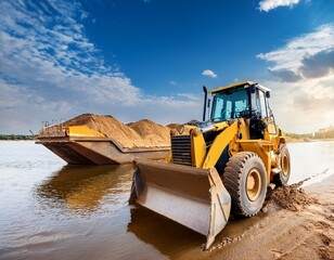 Fototapeta premium bulldozer with sand in a scoop barge on background