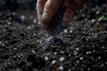 A close-up of a human hand sprinkling chemical fertilizer granules onto dark, moist soil, highly detailed, ultra-realistic, macro photography, natural lighting, visible soil texture.