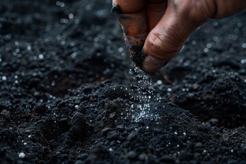 A close-up of a human hand sprinkling chemical fertilizer granules onto dark, moist soil, highly detailed, ultra-realistic, macro photography, natural lighting, visible soil texture.