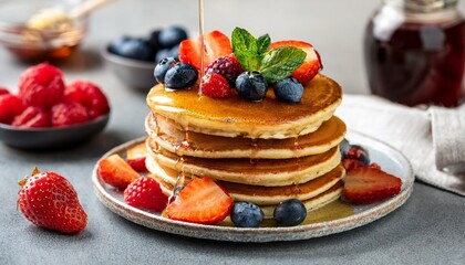 stack of pancakes topped with syrup fresh strawberries blueberries and raspberries