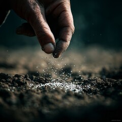 A close-up of a human hand sprinkling chemical fertilizer granules onto dark, moist soil, highly detailed, ultra-realistic, macro photography, natural lighting, visible soil texture.