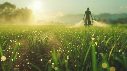 A close-up ultra-realistic scene of a farmer in a wide green field applying chemical fertilizer to crops using a modern sprayer, visible mist of fertilizer particles in the air