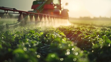A close-up ultra-realistic scene of a farmer in a wide green field applying chemical fertilizer to crops using a modern sprayer, visible mist of fertilizer particles in the air