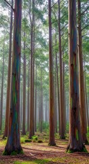 Vibrant rainbow eucalyptus forest with sunlit pathway