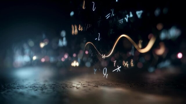 Close view of sharp quantum algorithm symbols floating above a dark board with blurred particles representing probabilistic outcomes and wave functions.