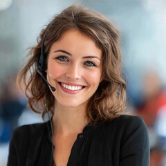 call center, happy beautiful woman, front view, blurred office background, realistic
