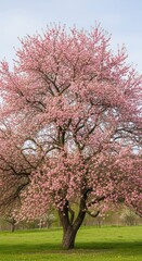 Naklejka premium Majestic cherry blossom tree in full bloom in tranquil park setting