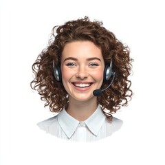 call center, happy beautiful woman, front view, blurred office background, realistic