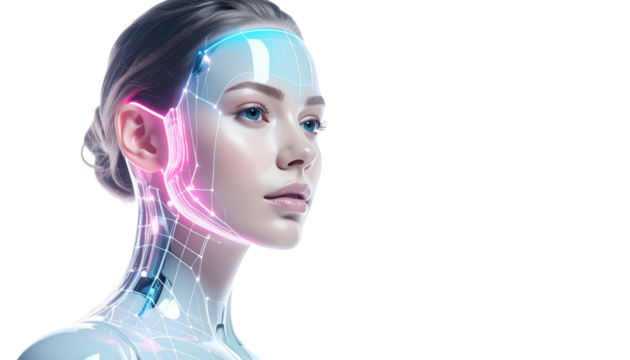 Futuristic 3D illustration featuring a humanoid female robot face with realistic details, combined with glowing blue and pink holographic neon lights. Concept of artificial intelligence, future techno