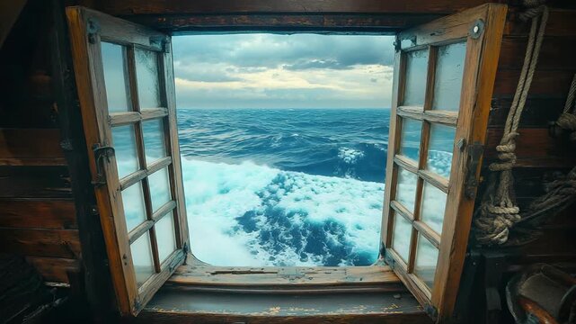 View of calm ocean surface seen through the round window of an old galleon ship cabin on a bright day
