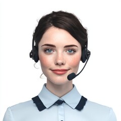 call center, happy beautiful woman, front view, blurred office background, realistic
