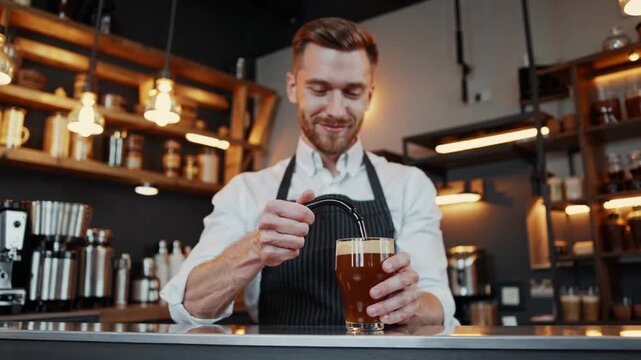 Cafe Employee in Light-Skinned Complexion Dispensing Nitrogen-Infused Chilled Coffee Beverage from Draft Tap into Glass