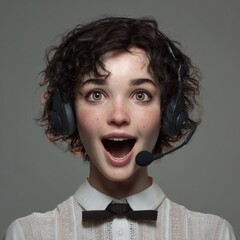 call center, happy beautiful woman, front view, blurred office background, realistic