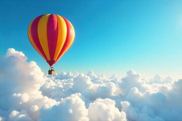 Fototapeta premium A whimsical hot air balloon floats serenely against a vibrant blue sky, casting a long shadow on the fluffy clouds below Perfect for travel, adventure, and freedom concepts , vista, magical