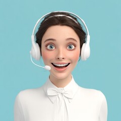 call center, happy beautiful woman, front view, blurred office background, realistic