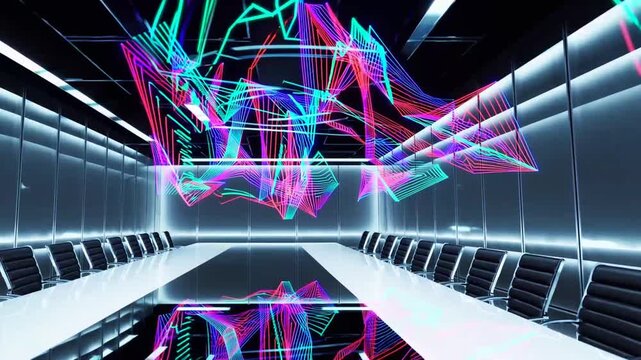 Composite ry of holographic financial chart in contemporary corporate meeting space
