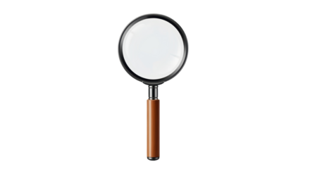 Isolated magnifying glass study tool with a brown handle is used to examine something