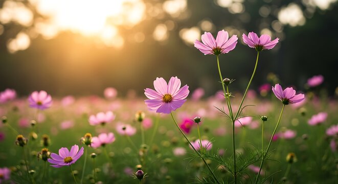 Pink Cosmos Flowers at Sunset.