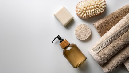 top view of bath accessories like a washcloth towel and soap arranged on a white surface with copy space image promoting daily body care with organic products