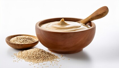 tahini in wooden bowl with sesame seeds and spoon on white background