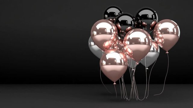 Computer-generated ry of metallic pink tinted, ebony and see-through airborne spheres on onyx backdrop