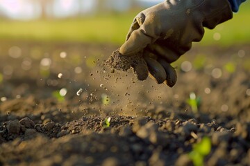Ultra-realistic scene showing a farmer's hand holding a handful of chemical fertilizer granules over farmland soil, granules falling in slow motion, blurred green field background, natural daylight