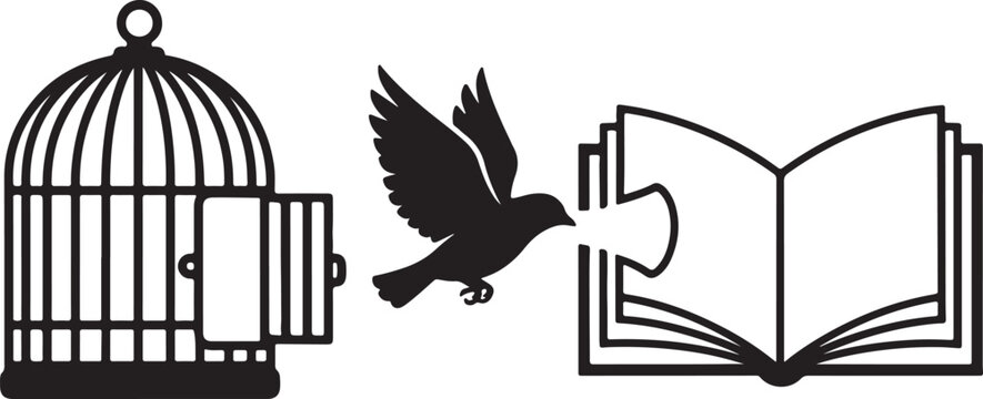 Bird Escaping Cage into Open Book Silhouette Logo, Freedom and Knowledge Creative Minimalist Vector Design Isolated